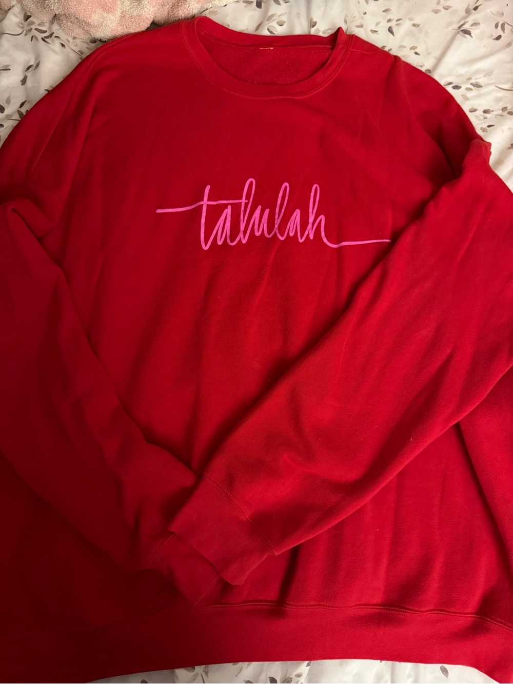 Women’s Red Crewneck Sweatshirt with Pink Script Detail